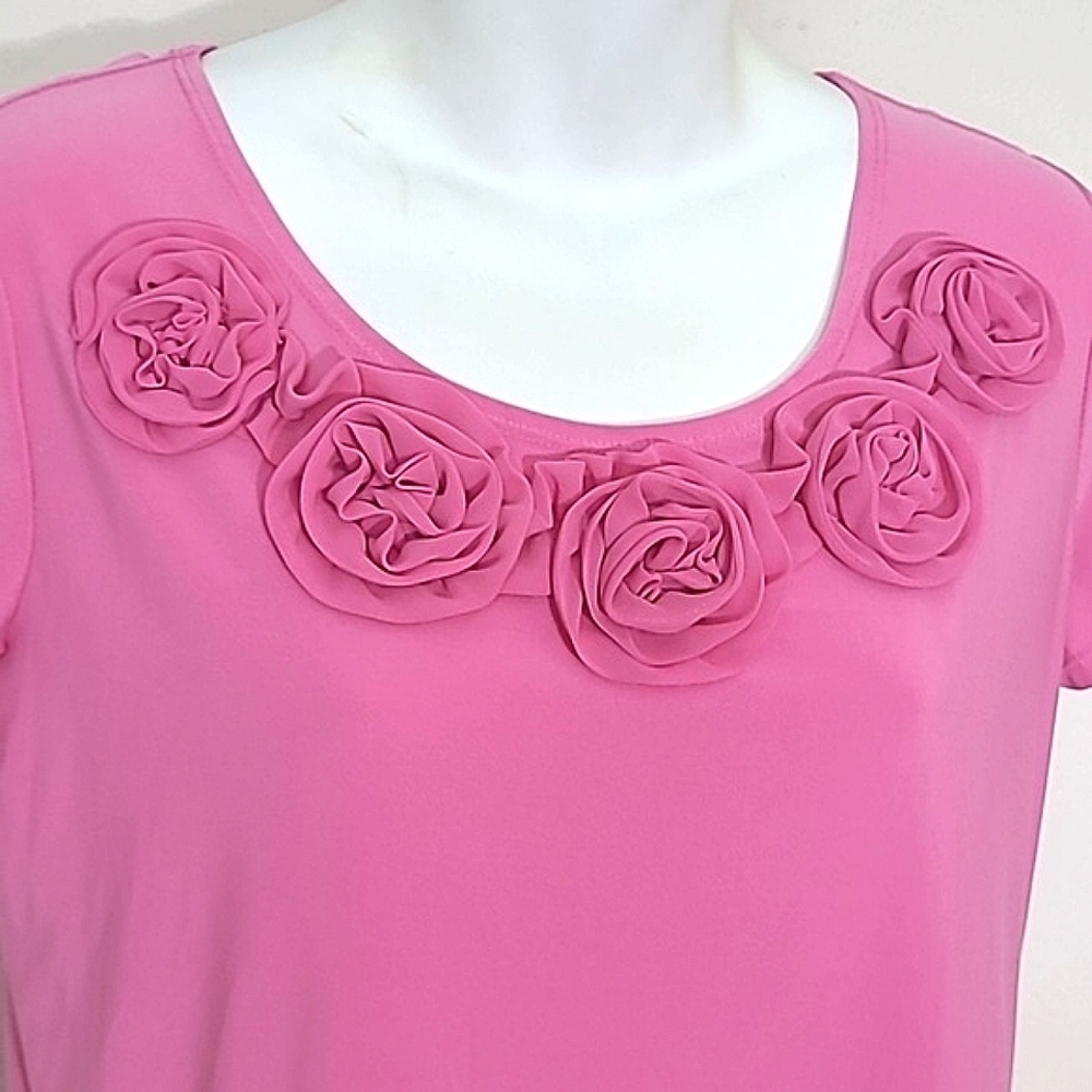T-shirt short sleeve Cottagecore Pink Rose Embellished scoop neck stretch Euc
